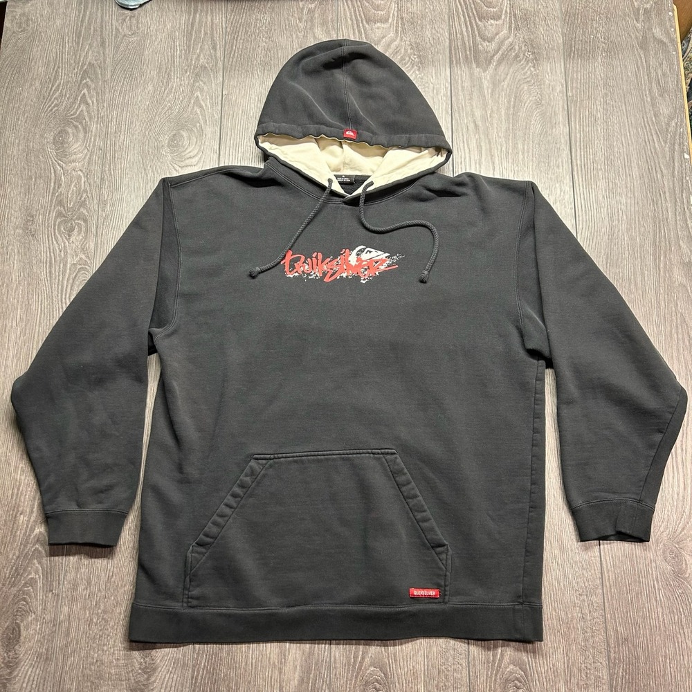 Quiksilver Mens XL Vintage Y2K Hoodie Faded Black Skate Surf Graphic Sweatshirt